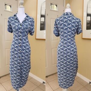 Sonoma Blue and White Patterned Button Down Dress Size Small